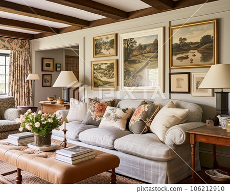 Living room gallery wall, home decor and wall art, framed art in the English country cottage interior, room for diy printable artwork mockup and print shop 106212910