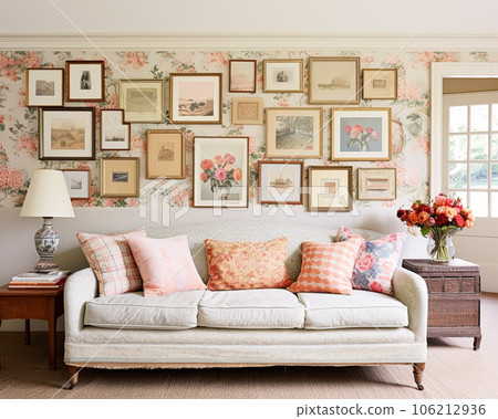 Living room gallery wall, home decor and wall art, framed art in the English country cottage interior, room for diy printable artwork mockup and print shop 106212936