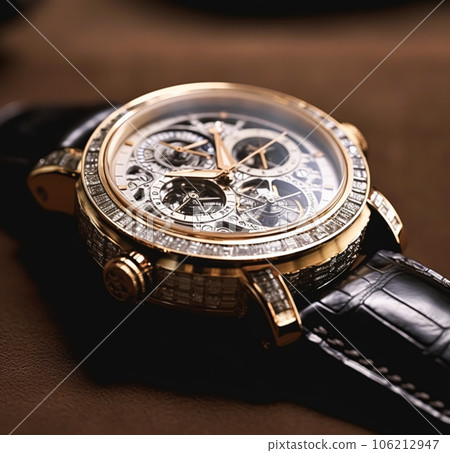 Luxury mens watch commercial concept, bespoke gold design on dark background, holiday gift Luxury mens watch commercial concept, bespoke gold design on dark background, holiday gift 106212947