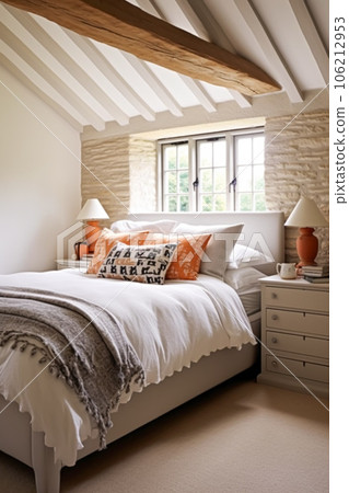 Cottage bedroom decor, interior design and holiday rental, bed with elegant bedding linen and antique furniture, English country house and farmhouse style 106212953
