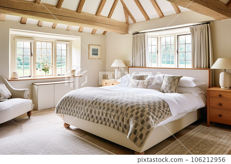 Cottage bedroom decor, interior design and holiday rental, bed with elegant bedding linen and antique furniture, English country house and farmhouse style 106212956