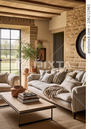 Cottage living room decor, sitting room and interior design, antique furniture, sofa and home decor in English country house and elegant farmhouse style 106212961