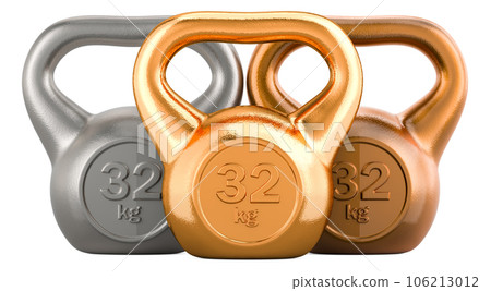 Gold silver and bronze kettlebell, 3D rendering 106213012