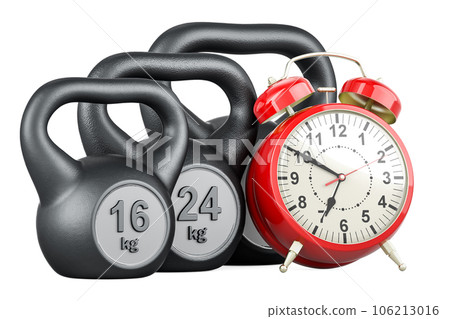 Set of Kettlebells with alarm clock, 3D rendering 106213016