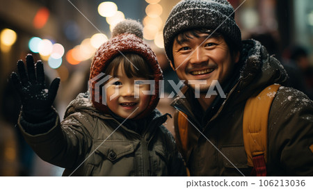 Parent and child laughing under the winter sky Parent and child laughing under the winter sky 106213036