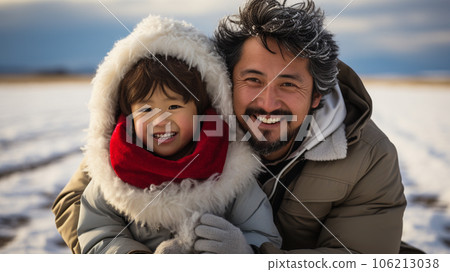 冬日天空下的父母和孩子歡笑 106213038