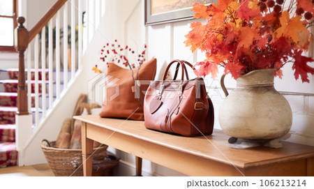 Autumnal hallway decor, interior design and house decoration, welcoming autumn entryway furniture, stairway and entrance hall home decor in an English country house and cottage style 106213214