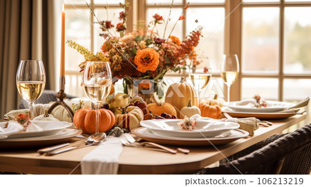 Dining room decor, interior design and autumn holiday celebration, elegant autumnal table decoration with candles and flowers, home decor and country cottage style Dining room decor, interior design and autumn holiday celebration, elegant autumnal table decoration with candles and flowers, home decor and country cottage style 106213219