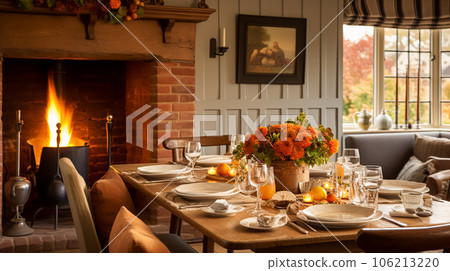 Dining room decor, interior design and autumn holiday celebration, elegant autumnal table decoration with candles and flowers, home decor and country cottage style Dining room decor, interior design and autumn holiday celebration, elegant autumnal table decoration with candles and flowers, home decor and country cottage style 106213220