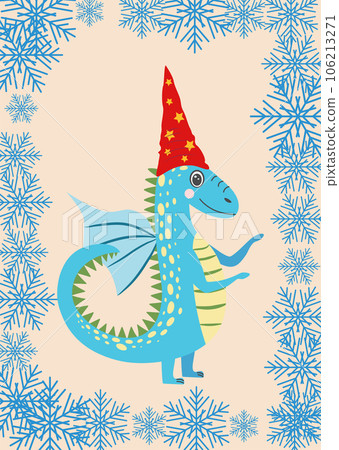 Christmas card with cute green dragon. Year of the Dragon 2024, China 106213271