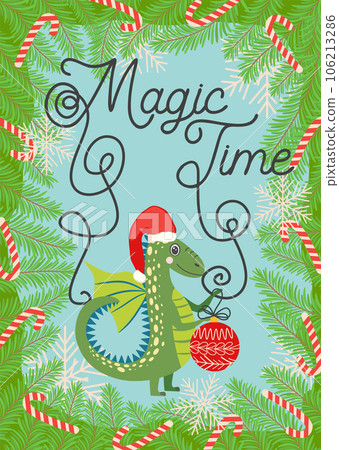 Christmas card with cute green dragon. Year of the Dragon 2024, China Christmas card with cute green dragon. Year of the Dragon 2024, China 106213286