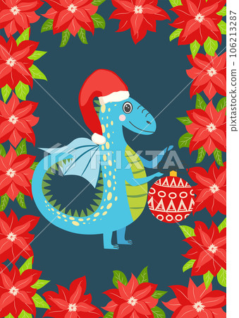 Christmas card with cute green dragon. Year of the Dragon 2024, China Christmas card with cute green dragon. Year of the Dragon 2024, China 106213287