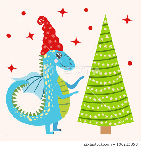 Christmas card with cute green dragon. Year of the Dragon 2024, China 106213358