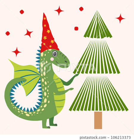 Christmas card with cute green dragon. Year of the Dragon 2024, China 106213373