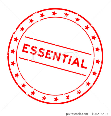 Grunge red essential word round rubber seal stamp on white background 106213595