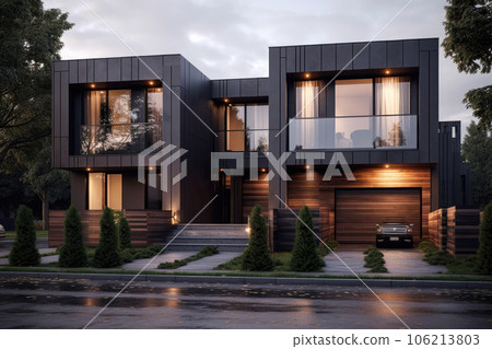 Modern townhouses in suburban at night. Generative AI 106213803