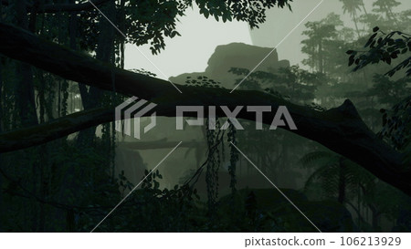 Roots of exotic trees with thicket of shrubs and ferns against sunlight 106213929