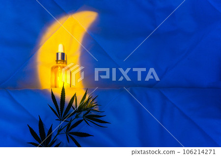 Night bedroom with moonlight, oil tincture of CBD, hemp branch 106214271