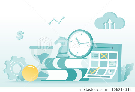 Elements of time management, meeting, agenda, assignment work, planning investment and plan adjustments. Flat vector design illustration. Elements of time management, meeting, agenda, assignment work, planning investment and plan adjustments. Flat vector design illustration. 106214313