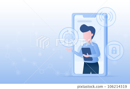 Online and innovation technology concept. Business people showing display showing communication system, data protection, network project, community link. Flat vector illustration with copy space. Online and innovation technology concept. Business people showing display showing communication system, data protection, network project, community link. Flat vector illustration with copy space. 106214319