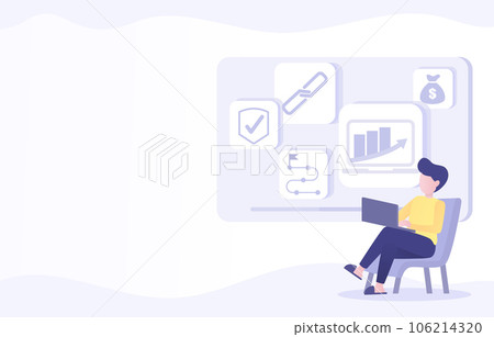 Business ideas concept. Online data, technology, digital dashboard, strategy plan, tactical improvement, development to achieve success. Flat vector design illustration with copy space. Business ideas concept. Online data, technology, digital dashboard, strategy plan, tactical improvement, development to achieve success. Flat vector design illustration with copy space. 106214320