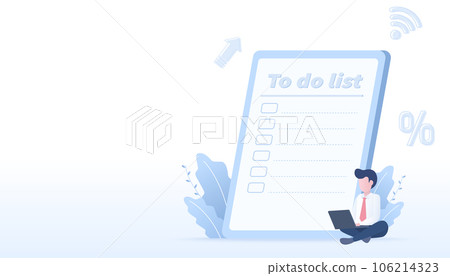 To-do lists and checklists, management, assignments, reminders, project planning achieve business success. Flat vector design illustration with copy space. To-do lists and checklists, management, assignments, reminders, project planning achieve business success. Flat vector design illustration with copy space. 106214323