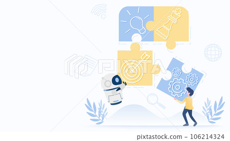 Artificial intelligence (AI) technology and assemble jigsaw puzzle strategy. Collaboration, tactical planning, solving problem, competition, opportunity, goals, target to business success. Artificial intelligence (AI) technology and assemble jigsaw puzzle strategy. Collaboration, tactical planning, solving problem, competition, opportunity, goals, target to business success. 106214324