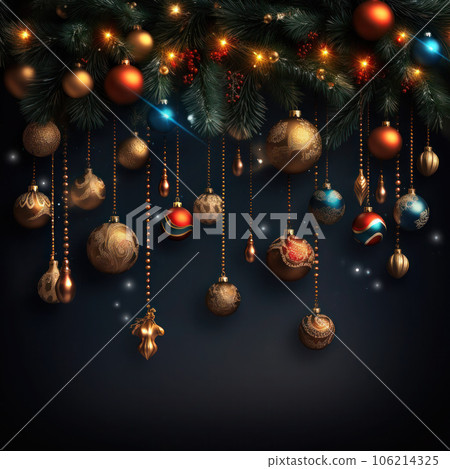 Christmas decoration with fir branches, garlands and gold, red, blue christmas balls on dark background. Christmas decoration with fir branches, garlands and gold, red, blue christmas balls on dark background. 106214325