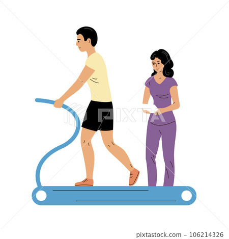 Man patient is exercising on a treadmill under the supervision of a trainer doctor Man patient is exercising on a treadmill under the supervision of a trainer doctor 106214326