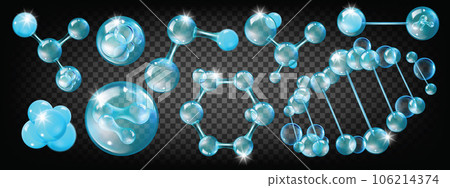 3D molecule oxygen vector icon set, cosmetic skin care bubble nano formula kit, chemistry DNA cell. 3D molecule oxygen vector icon set, cosmetic skin care bubble nano formula kit, chemistry DNA cell. 106214374
