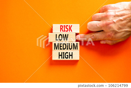 Time to low risk symbol. Concept word Risk low medium high on wooden block. Businessman hand. Beautiful orange table orange background. Business time to low risk concept. Copy space. Time to low risk symbol. Concept word Risk low medium high on wooden block. Businessman hand. Beautiful orange table orange background. Business time to low risk concept. Copy space. 106214799