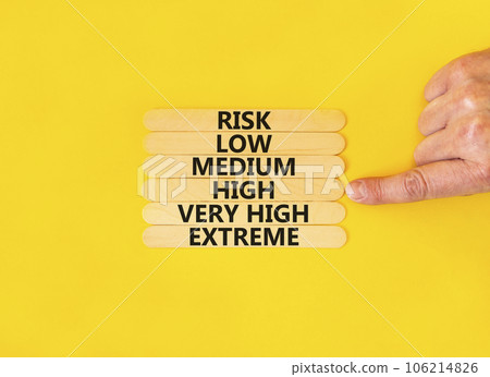 Time to high risk symbol. Concept word Risk low medium high very high extreme on wooden sticks. Businessman hand. Beautiful yellow background. Business time to high risk concept. Copy space. Time to high risk symbol. Concept word Risk low medium high very high extreme on wooden sticks. Businessman hand. Beautiful yellow background. Business time to high risk concept. Copy space. 106214826