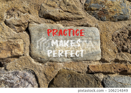 Practice makes perfect symbol. Concept words Practice makes perfect on beautiful big stone on stone wall. Beautiful stone wall background. Business practice makes perfect concept. Copy space. Practice makes perfect symbol. Concept words Practice makes perfect on beautiful big stone on stone wall. Beautiful stone wall background. Business practice makes perfect concept. Copy space. 106214849
