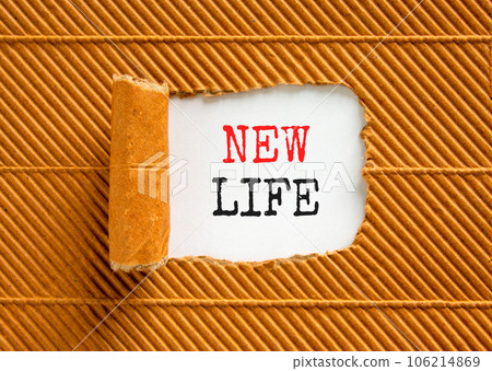 New life symbol. Concept words New life on wooden blocks on a beautiful white paper on a beautiful brown paper background. Business, support motivation psychological new life concept. Copy space. New life symbol. Concept words New life on wooden blocks on a beautiful white paper on a beautiful brown paper background. Business, support motivation psychological new life concept. Copy space. 106214869