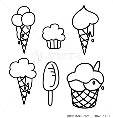 Cute set of 5 types of ice cream and cupcake. Doodle vector black and white illustration. 106215185