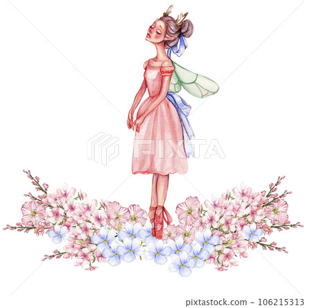 Composition of dancing ballerina with flowers. Hand drawn classic ballet performance, pose. Young pretty ballerina women illustration. Can be used for postcard and posters. Composition of dancing ballerina with flowers. Hand drawn classic ballet performance, pose. Young pretty ballerina women illustration. Can be used for postcard and posters. 106215313