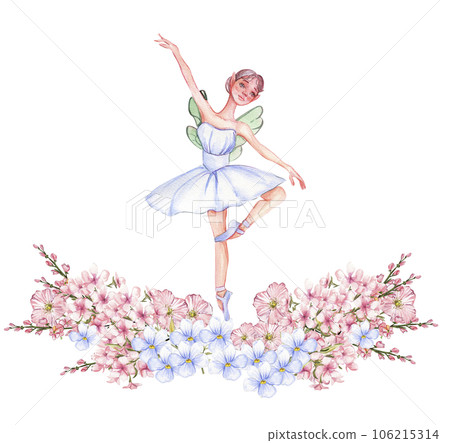 Composition of dancing ballerina with flowers. Hand drawn classic ballet performance, pose. Young pretty ballerina women illustration. Can be used for postcard and posters. 106215314