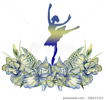 Composition of dancing ballerina with flowers. Hand drawn classic ballet performance, pose. Young pretty ballerina women illustration. Can be used for postcard and posters. 106215321