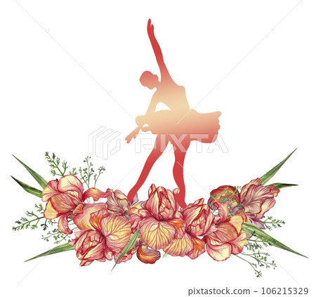 Composition of dancing ballerina with flowers. Hand drawn classic ballet performance, pose. Young pretty ballerina women illustration. Can be used for postcard and posters. 106215329