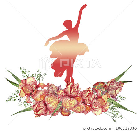 Composition of dancing ballerina with flowers. Hand drawn classic ballet performance, pose. Young pretty ballerina women illustration. Can be used for postcard and posters. Composition of dancing ballerina with flowers. Hand drawn classic ballet performance, pose. Young pretty ballerina women illustration. Can be used for postcard and posters. 106215330