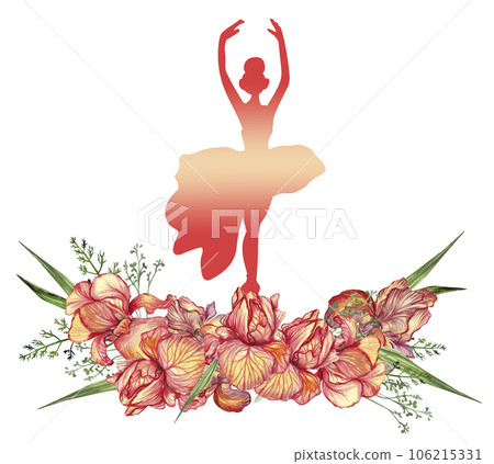 Composition of dancing ballerina with flowers. Hand drawn classic ballet performance, pose. Young pretty ballerina women illustration. Can be used for postcard and posters. Composition of dancing ballerina with flowers. Hand drawn classic ballet performance, pose. Young pretty ballerina women illustration. Can be used for postcard and posters. 106215331