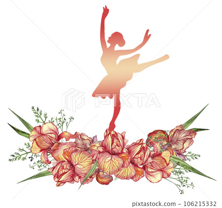 Composition of dancing ballerina with flowers. Hand drawn classic ballet performance, pose. Young pretty ballerina women illustration. Can be used for postcard and posters. Composition of dancing ballerina with flowers. Hand drawn classic ballet performance, pose. Young pretty ballerina women illustration. Can be used for postcard and posters. 106215332