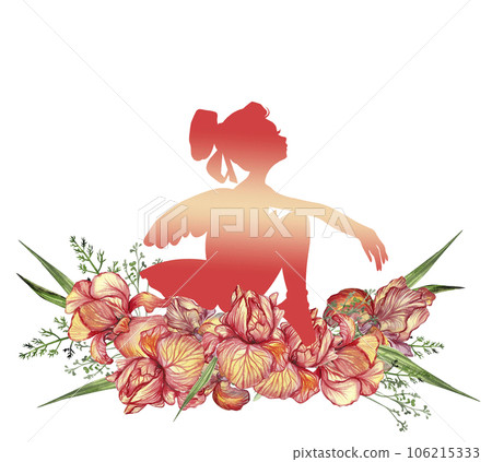 Composition of dancing ballerina with flowers. Hand drawn classic ballet performance, pose. Young pretty ballerina women illustration. Can be used for postcard and posters. Composition of dancing ballerina with flowers. Hand drawn classic ballet performance, pose. Young pretty ballerina women illustration. Can be used for postcard and posters. 106215333