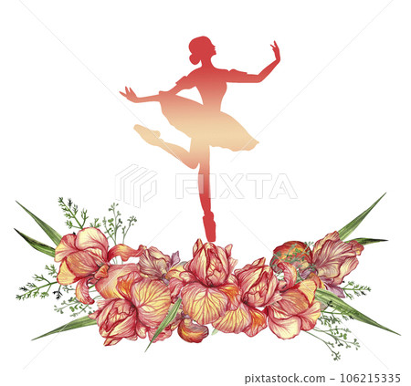 Composition of dancing ballerina with flowers. Hand drawn classic ballet performance, pose. Young pretty ballerina women illustration. Can be used for postcard and posters. 106215335