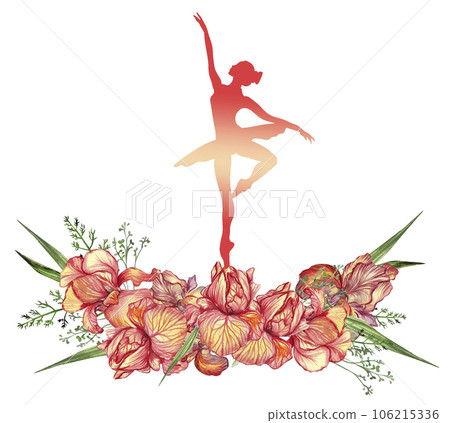 Composition of dancing ballerina with flowers. Hand drawn classic ballet performance, pose. Young pretty ballerina women illustration. Can be used for postcard and posters. 106215336