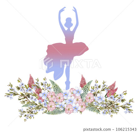 Composition of dancing ballerina with flowers. Hand drawn classic ballet performance, pose. Young pretty ballerina women illustration. Can be used for postcard and posters. 106215343