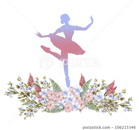 Composition of dancing ballerina with flowers. Hand drawn classic ballet performance, pose. Young pretty ballerina women illustration. Can be used for postcard and posters. 106215346