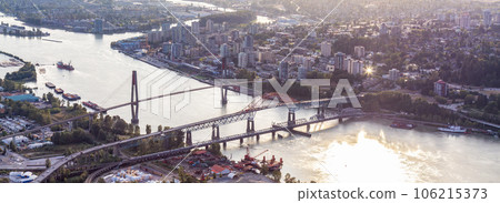 Aerial View of Bridge over Fraser River between Surrey and New Westminster. Aerial View of Bridge over Fraser River between Surrey and New Westminster. 106215373