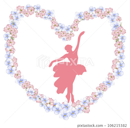 Composition of dancing ballerina in flower heart. Hand drawn classic ballet performance, pose. Young pretty ballerina women illustration. Can be used for postcard and posters. Composition of dancing ballerina in flower heart. Hand drawn classic ballet performance, pose. Young pretty ballerina women illustration. Can be used for postcard and posters. 106215382