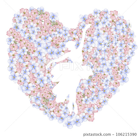 Composition of dancing ballerina in flower heart. Hand drawn classic ballet performance, pose. Young pretty ballerina women illustration. Can be used for postcard and posters. 106215390
